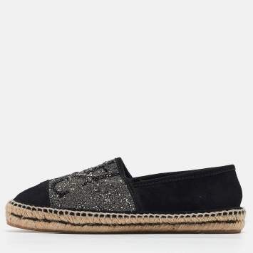 Pre Owned CH Carolina Herrera Black Suede Crystal Embellished Espadrille Flats Size 38
