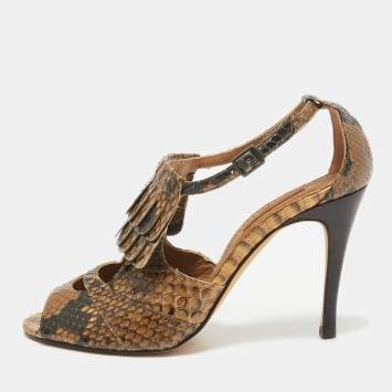 Pre Owned CH Carolina Herrera Brown/Black Python Fringe Detail Ankle Strap Sandals Size 39