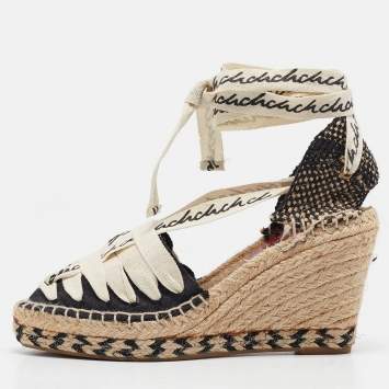 Pre Owned CH Carolina Herrera Black Canvas Wedge Ankle Wrap Espadrilles Size 37