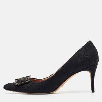 Pre Owned CH Carolina Herrera Black Lace and Mesh Crystal Embellished Pumps Size 40