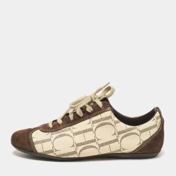 Pre Owned CH Carolina Herrera Brown/Beige Monogram Canvas and Suede Low Top Sneakers Size 38