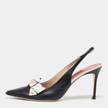 Pre Owned CH Carolina Herrera Black Leather Bow Detail Pointed-Toe Slingback Sandals Size 40