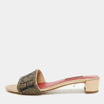 Pre Owned CH Carolina Herrera Gold/Grey Crystals Logo Slide Sandals Size 38 