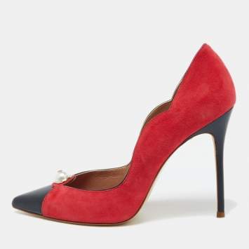 Pre Owned CH Carolina Herrera Red/Black Suede and Leather Pearl Pointed Toe Pumps Size 40