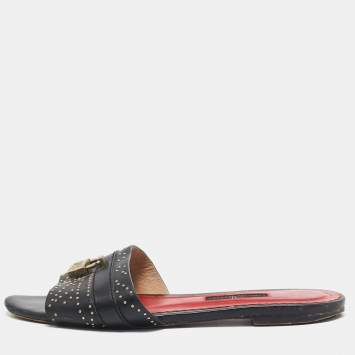 Pre Owned CH Carolina Herrera Black Leather Flat Slides Size 40