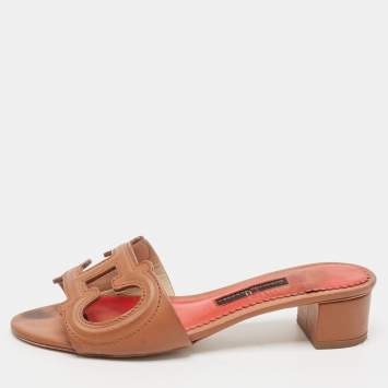 Pre Owned CH Carolina Herrera Brown Leather Slide Sandals Size 35