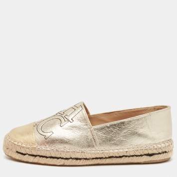 Pre Owned CH Carolina Herrera Gold Leather Slip On Espadrille Flats Size 38