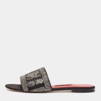 Pre Owned CH Carolina Herrera Black Leather Crystal Embellished Flat Slides Size 38