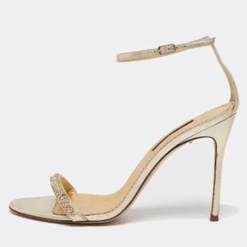Pre Owned CH Carolina Herrera Gold Leather And Crystal Embellished Ankle Strap Sandals Size 39