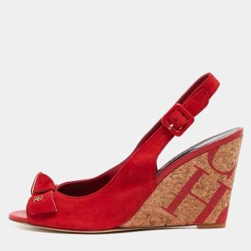 Pre Owned CH Carolina Herrera Red Suede Bow Cork Wedge Slingback Sandals Size 38