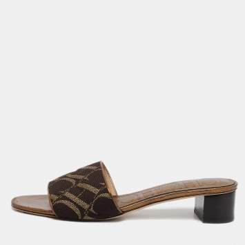 Pre Owned CH Carolina Herrera Metallic Leather and Canvas Logo Slide Sandals Size 38