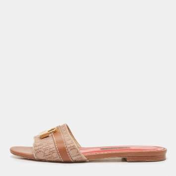 Pre Owned CH Carolina Herrera Brown Signature Canvas and Leather Lock Flat Slides Size 38