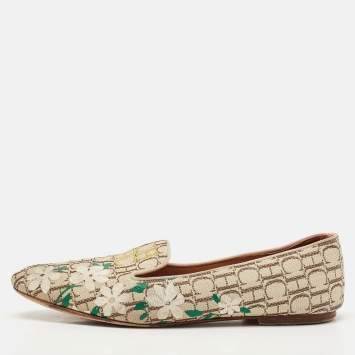 Pre Owned CH Carolina Herrera Cream/Brown Monogram Canvas Ballet Flats Size 39
