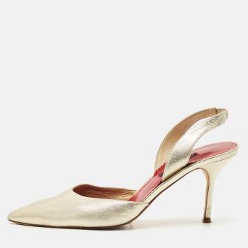 Pre Owned CH Carolina Herrera Metalllic Gold Leather Slingback Pumps Size 39
