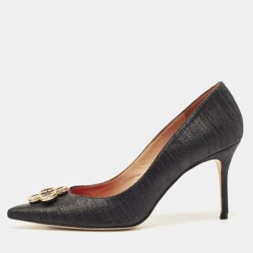CH Carolina Herrera Black Lurex Fabric Crystal Embellished Pointed Toe Pumps Size 40