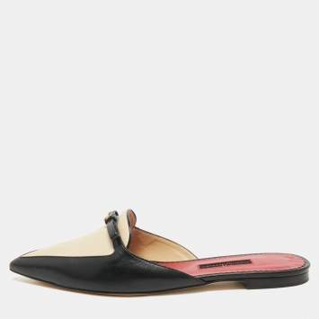 CH Carolina Herrera Black/Cream Leather Bow Detail Flat Mules Size 38