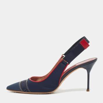 Pre Owned CH Carolina Herrera Navy Blue Leather Pointed Toe Slingback Pumps Size 38