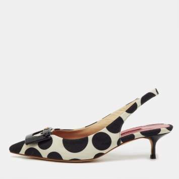 Pre Owned CH Carolina Herrera Black/White Canvas Polka Dot Slingback Pumps Size 38