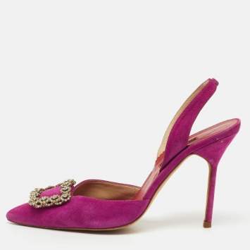 Pre Owned CH Carolina Herrera Purple Suede Crystal Embellished Buckle Slingback Pumps Size 39