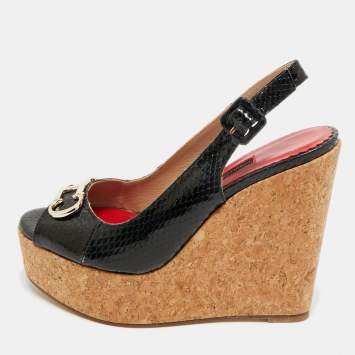 Pre Owned CH Carolina Herrera Black Snakeskin Embossed Leather Wedge Sandals Size 38