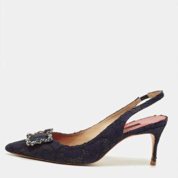 Pre Owned CH Carolina Herrera Size 40 Navy Blue Lace and Mesh Crystal Embellished Buckle Slingback Pumps