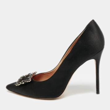 Pre Owned CH Carolina Herrera Size 40 Black Satin Crystal Embellished Pumps