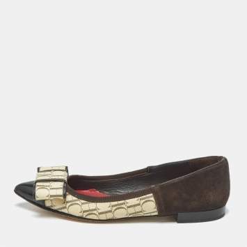 مملوكة مسبقًا Ch Carolina Herrera Size 36 Brown/Cream Suede and Monogram Coated Canvas Ballet Flats