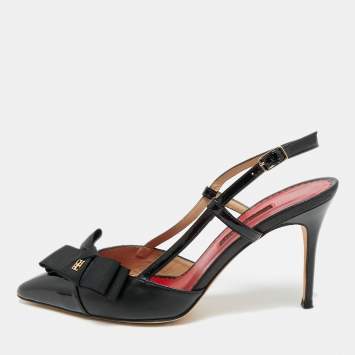 مملوكة مسبقًا CH Carolina Herrera Size 38 Black Leather and Patent Bow Pointed Toe Slingback Pumps