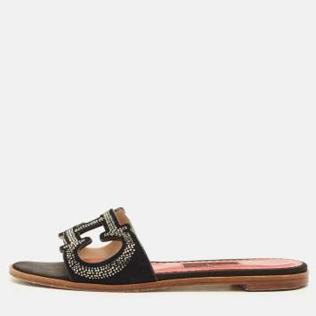 Pre Owned CH Carolina Herrera Size 38 Black Suede Crystal Embellished Flat Slides