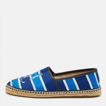 Pre Owned CH Carolina Herrera Size 38 Blue/White Fabric and Leather Striped Espadrille Flats