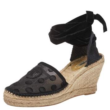 Pre Owned Carolina Herrera Black Mesh and Fabric Ankle Wrap Espadrille Sandals Size 40