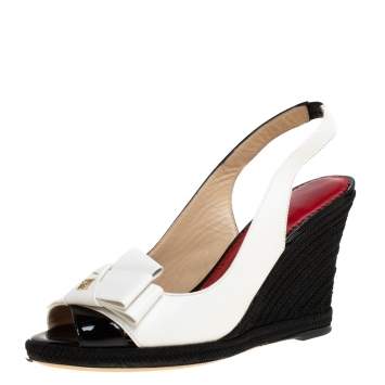 Pre Owned Carolina Herrera Black/White Leather and Patent Leather Peep Toe Bow Espadrille Wedge Sandals Size 38