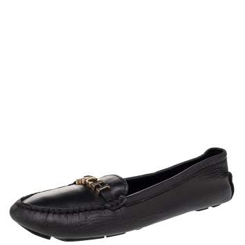 Pre Owned CH Carolina Herrera Black Leather Logo Embellished Slip On Loafers Size 38