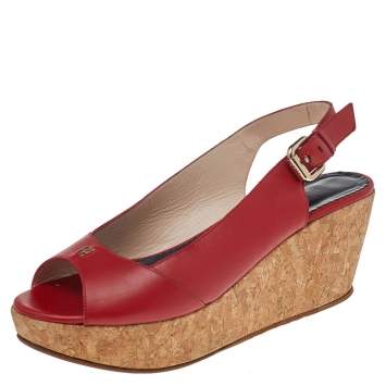 Pre Owned CH Carolina Herrera Red Leather Cork Wedge Platform Peep Toe Slingback Sandals Size 37