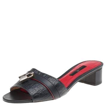 Pre Owned CH Carolina Herrera Monogram Embossed Leather Traveller Locked Slide Sandals Size 37