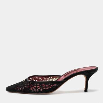 Pre Owned CH Carolina Herrera Black Suede Laser Cut Mules Size 41