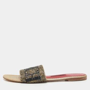 Pre Owned CH Carolina Herrera Metallic Gold Leather Crystal Embellished Flat Slide Sandals Size 39