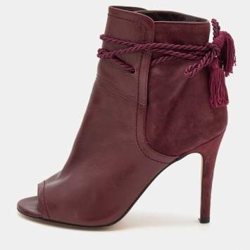 Pre Owned CH Carolina Herrera Burgundy Leather and Suede Open Toe Ankle Boots Size 37