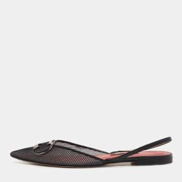 Pre Owned CH Carolina Herrera Black Mesh and Leather Logo Slingback Flats Size 39