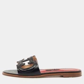 Pre Owned CH Carolina Herrera Black Croc Embossed Leather Insignia Cut Out Flat Slides Size 38