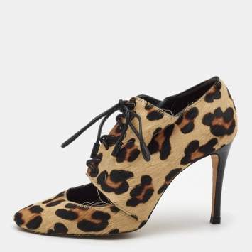 Pre Owned CH Carolina Herrera Brown/Black Calf Hair Lace Up Booties Size 38