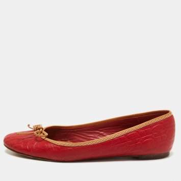 Pre Owned CH Carolina Herrera Two Tone Leather Bow Ballet Flats Size 37