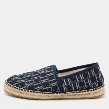 Pre Owned CH Carolina Herrera Blue Monogram Canvas Espadrille Flats Size 37