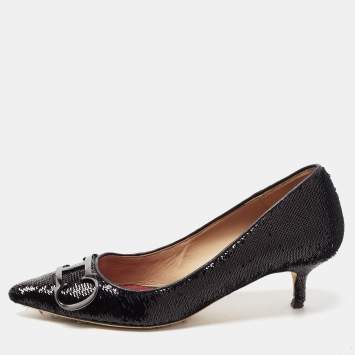Pre Owned CH Carolina Herrera Black Sequins and Leather Pointed Toe Pumps Size 38