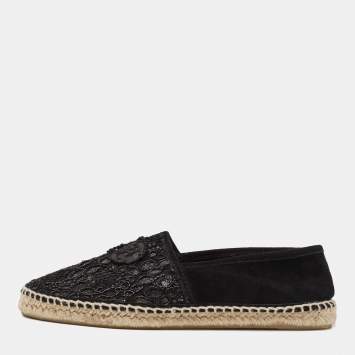 Pre Owned CH Carolina Herrera Black  Corded Lace And Suede Trim Espadrille Size 37