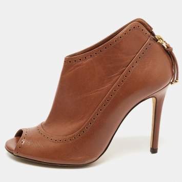Pre Owned CH Carolina Herrera Brown Leather Peep Toe Ankle Booties Size 37