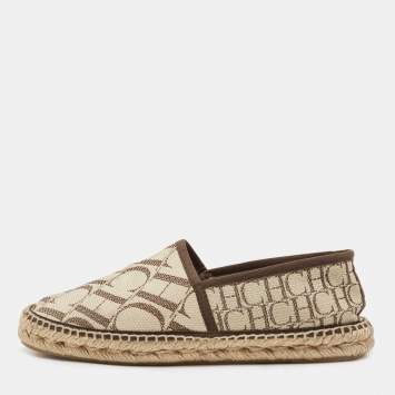 Pre Owned CH Carolina Herrera Brown/Beige Canvas Espadrille Flats Size 38