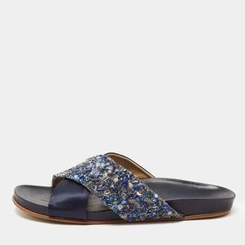 Pre Owned CH Carolina Herrera Navy Blue Satin and Crystal Cross Strap Flat Slides Size 40
