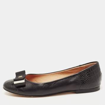 Pre Owned CH Carolina Herrera Black Croc Embossed and Leather Bow Ballet Flats Size 37