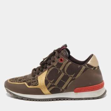 Pre Owned CH Carolina Herrera Brown/Gold Leather and Canvas Low Top Sneakers Size 37
